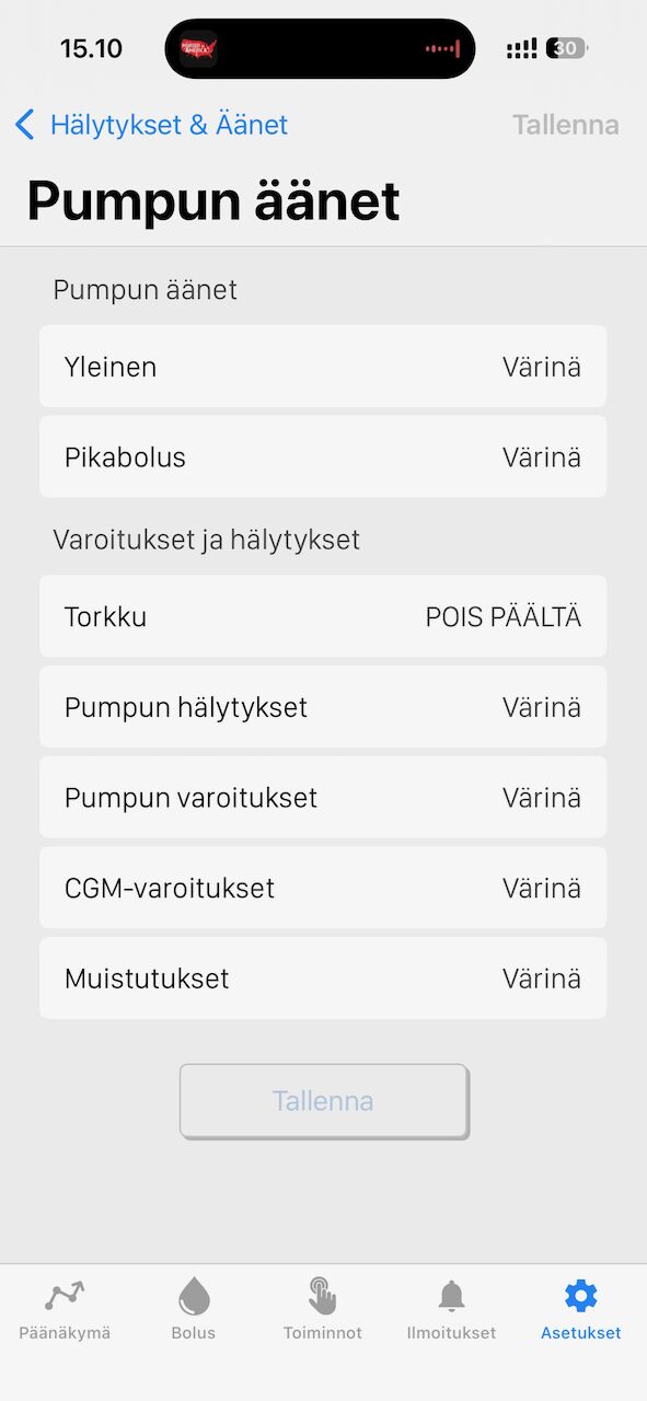 Pumpun äänet -asetukset