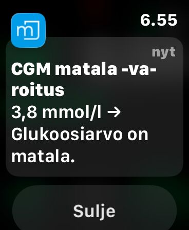 CGM matala -varoitus Apple Watchissa