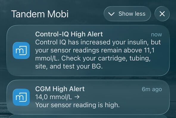 Control-IQ- ja CGM-hälytykset puhelimen ilmoituksina
