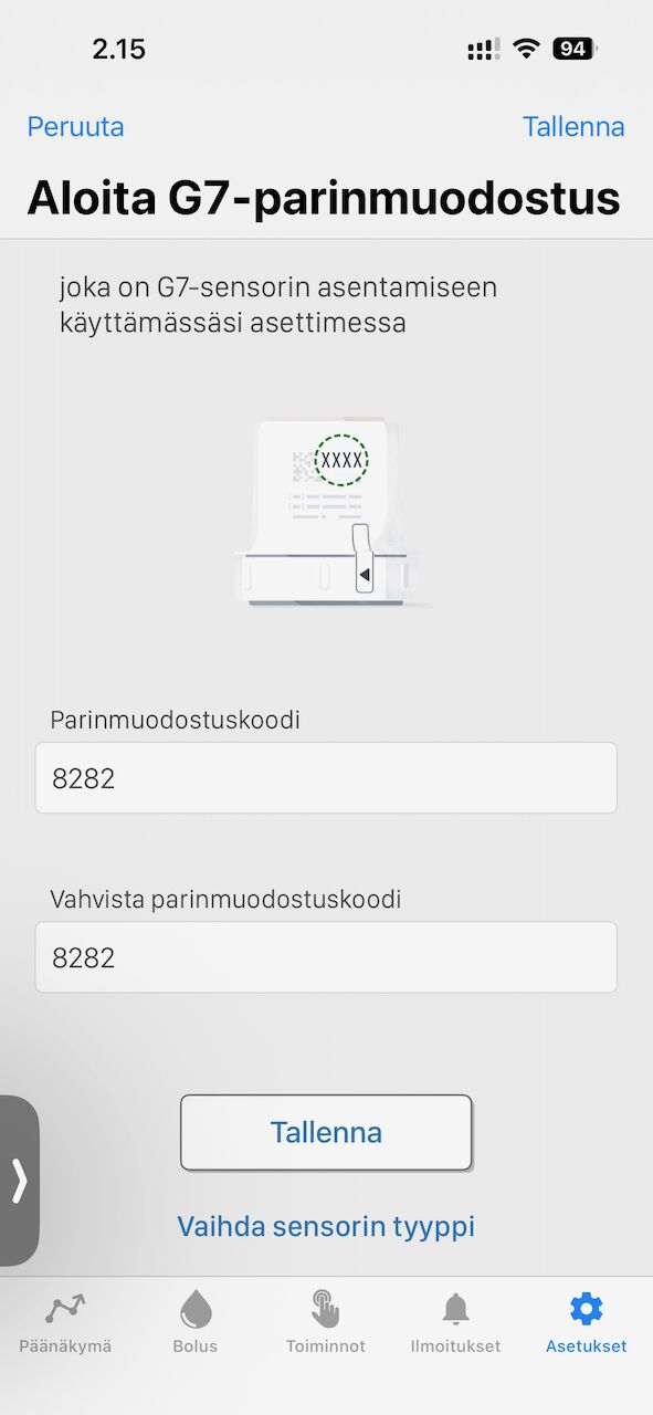 G7-sensorin parinmuodostus Mobin sovelluksessa